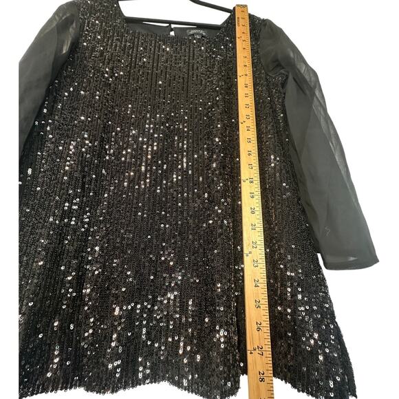 Tahari L Sequin Blouse Sheer Long Sleeves Square Neck Top Pullover Fancy Black - Picture 7 of 7
